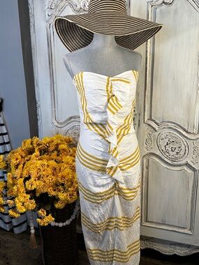 Franco Strapless White & Mustard Stripe Summer Dress